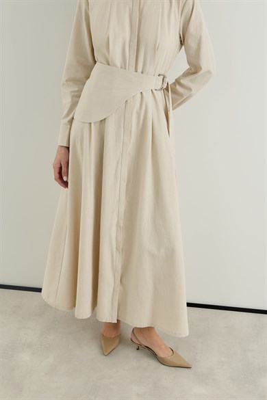 D tokalı Büyük Kemerli Keten Elbise Bej