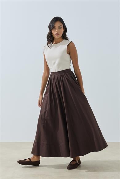 Büzgülü Geniş Katlamalı Astarlı Etek Kahve