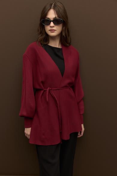 Biye Kemerli Volanlı Çelik Örme Triko Hırka Bordo