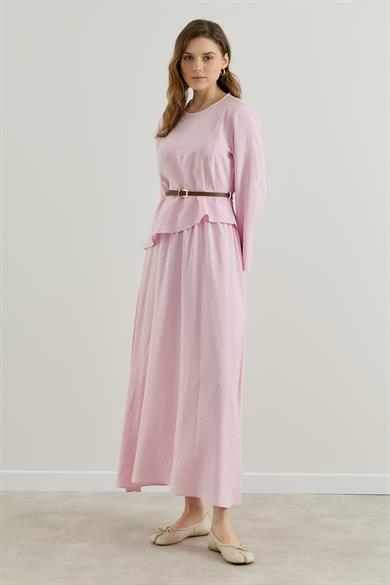 Asimetrik Bluzlu Kemerli Etek Takım Pembe