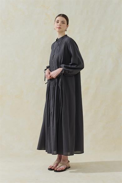 Nervürlü Astarlı Vual Elbise Füme