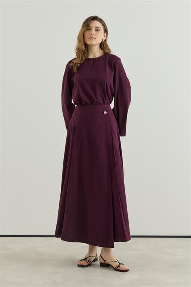 Asimetrik Kapamalı Pileli Etek bluz Keten Takım Bordo