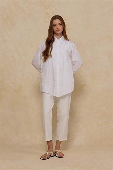 Aplikeli Pamuk Poplin Kadın Gömlek Beyaz