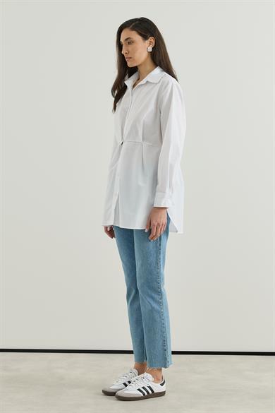 Belden Oturtmalı Pamuk Poplin Gömlek  Ekru