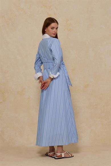 Çizgili Bağlama Detaylı Poplin Elbise