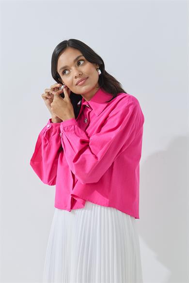 Düğme Detaylı Crop Gömlek Fuşya