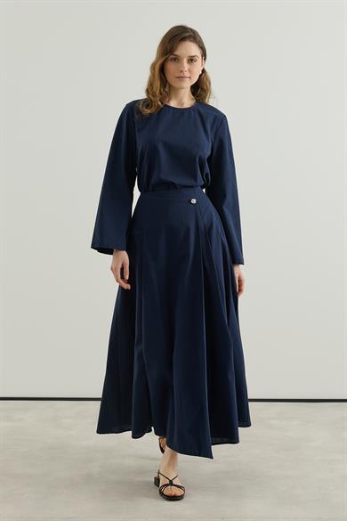 Asimetrik Kapamalı Pileli Etek bluz Keten Takım Lacivert