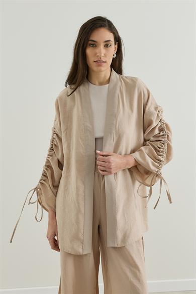 Outlet Kolu Büzgülü Modal Kimono Takım Bej