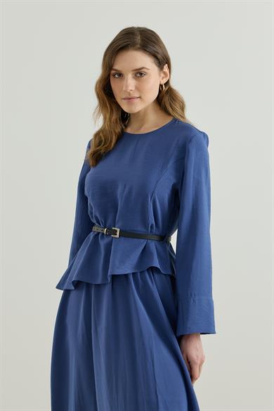 Asimetrik Bluzlu Kemerli Etek Takım İndigo