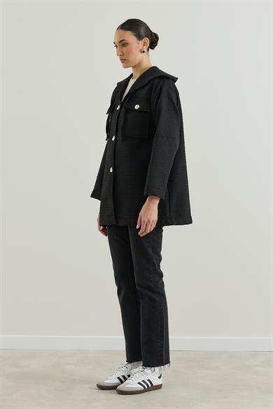 Geniş Yakalı Tüvit Ceket Siyah