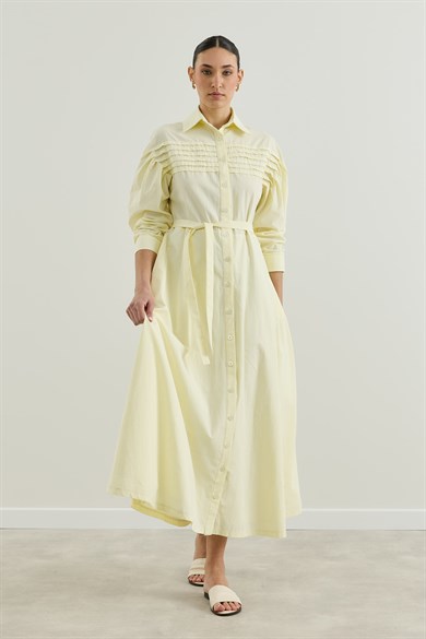 Nervür Detaylı Gömlek Elbise Sarı