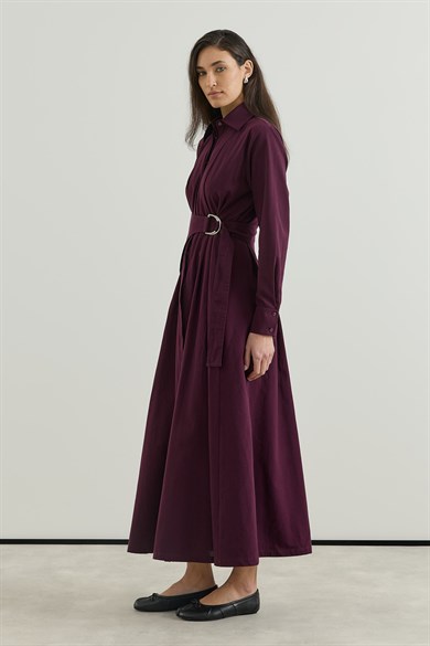 D tokalı Büyük Kemerli Keten Elbise Bordo