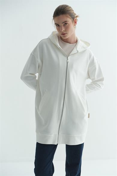 Üç İplik Kapüşonlu Fermuarlı Sweatshirt Ekru