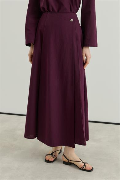 Asimetrik Kapamalı Pileli Etek bluz Keten Takım Bordo