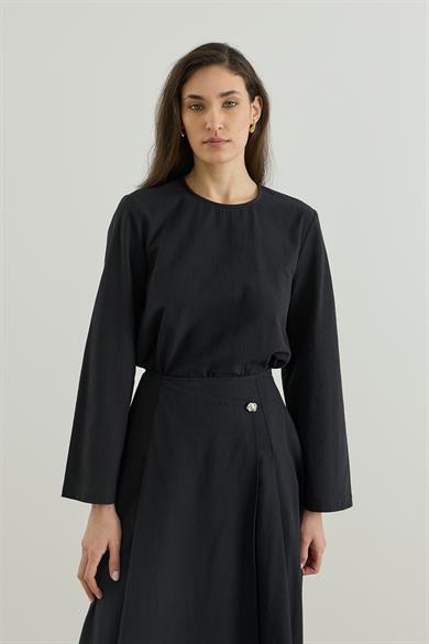 Asimetrik Kapamalı Pileli Etek bluz Keten Takım Siyah