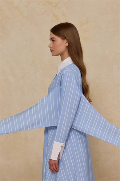 Çizgili Bağlama Detaylı Poplin Elbise