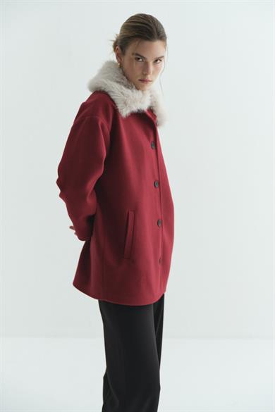 Kürk Yakalı Kaşe Bordo 
