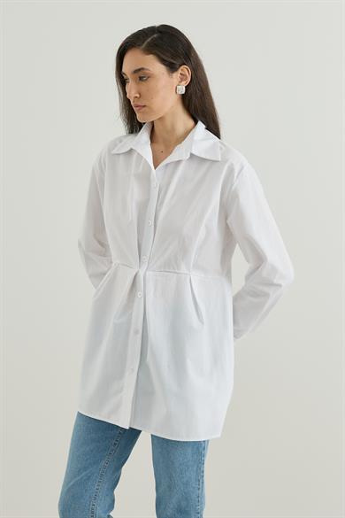 Belden Oturtmalı Pamuk Poplin Gömlek  Ekru