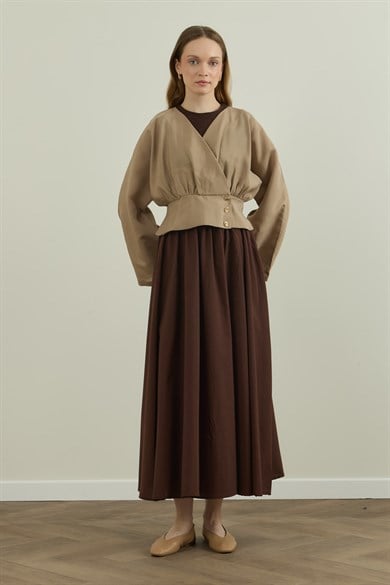 Düğme Detaylı Modal Kimono Bluz Bej