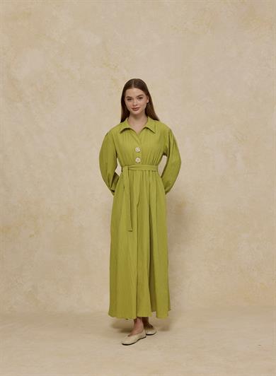 Bloom Bel Lastikli Büyük Düğmeli Elbise Yağ Yeşili