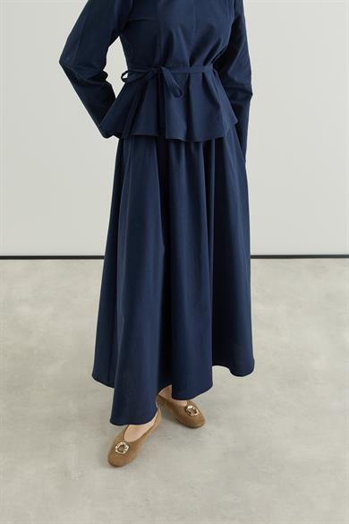 Bluzu Volanlı Etekli Keten Takım Lacivert