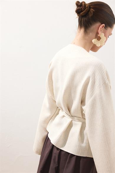 Pile Detaylı Anvelop Keten Kimono