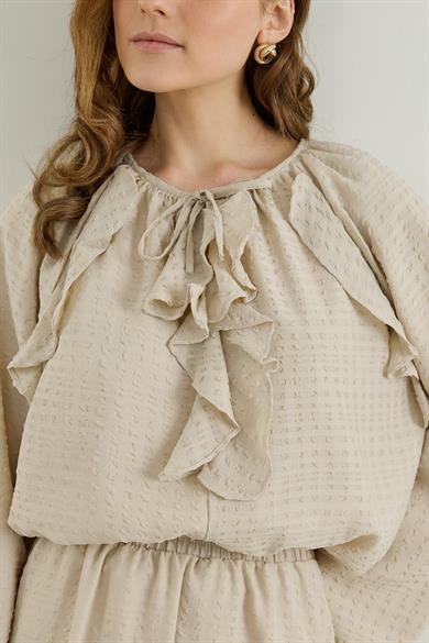 Volan Detaylı Bluz Etek Gofre Astarlı Takım Bej