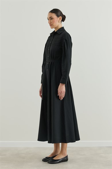Nervür Detaylı Gömlek Elbise Siyah