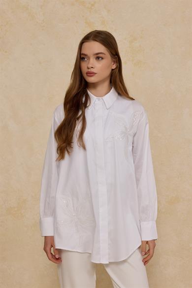Aplikeli Pamuk Poplin Kadın Gömlek Beyaz