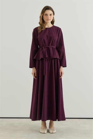 Bluzu Volanlı Etekli Keten Takım Bordo