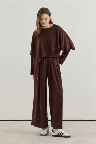 Asimetrik Kesim Tunik Pantolon Sandy Takım Kahverengi