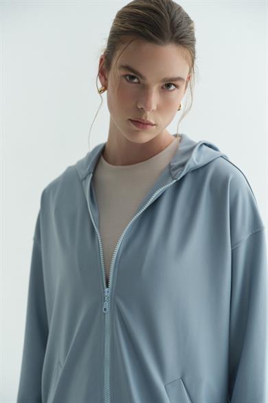 Kapüşonlu Fermuarlı Sweatshirt Mavi