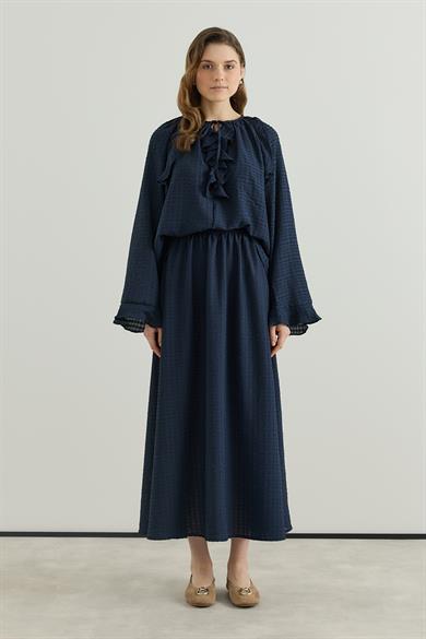 Volan Detaylı Bluz Etek Gofre Astarlı Takım Laciivert