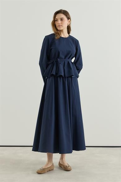 Bluzu Volanlı Etekli Keten Takım Lacivert