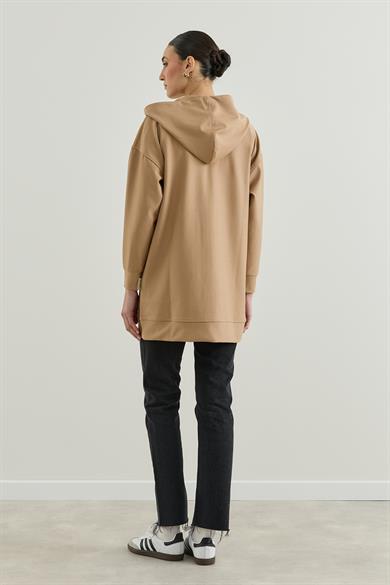 Kapüşonlu Fermuarlı Sweatshirt Camel