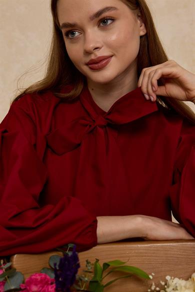 Outlet Kemerli Balon Kol Poplin Gömlek Bordo