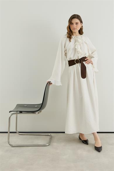 ---------- Volan Detaylı Bluz Etek Gofre Astarlı Takım Ekru