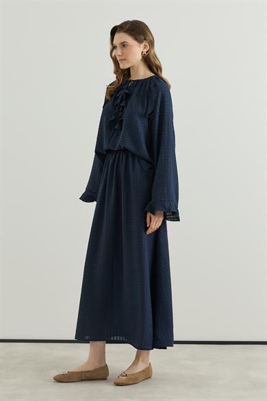 Volan Detaylı Bluz Etek Gofre Astarlı Takım Laciivert