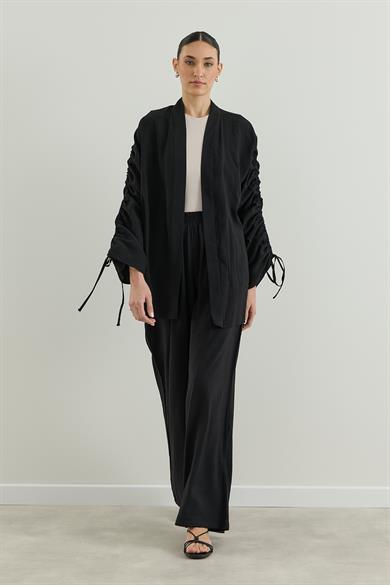 Outlet Kolu Büzgülü Modal Kimono Siyah