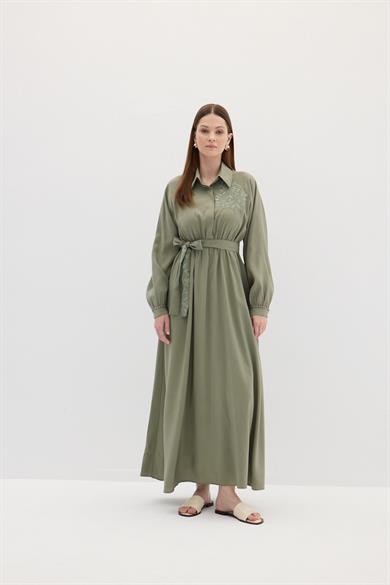 Nakışlı Modal Elbise Çağla Yeşili