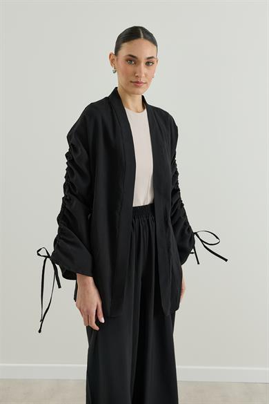Outlet Kolu Büzgülü Modal Kimono Siyah