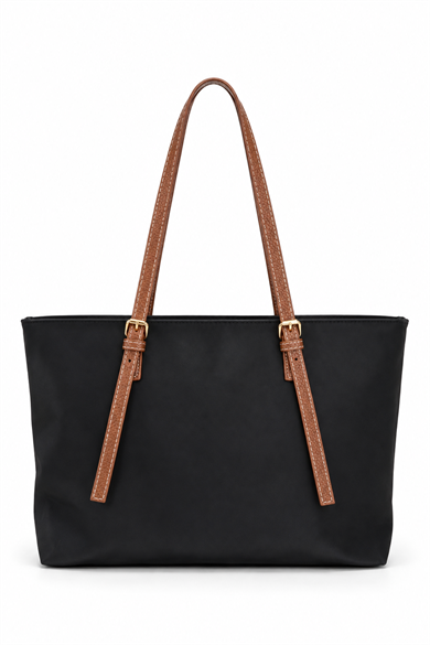 İnce Askılı Deri Detaylı Shopper Çanta