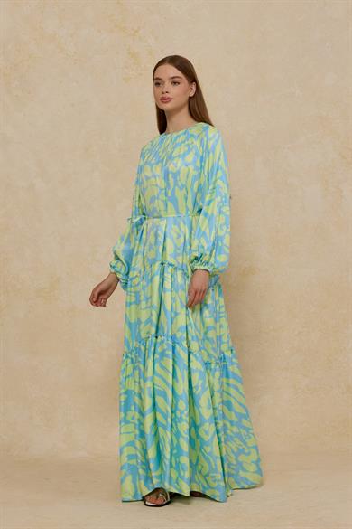 Mavi Yeşil Katlı Elbise