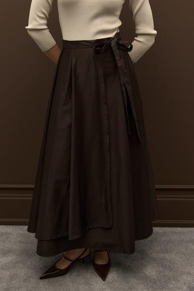 Anvelop Kapamalı Pamuk Gabardin Etek Kahverengi