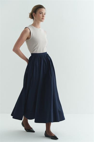Büzgülü Geniş Katlamalı Astarlı Etek Lacivert