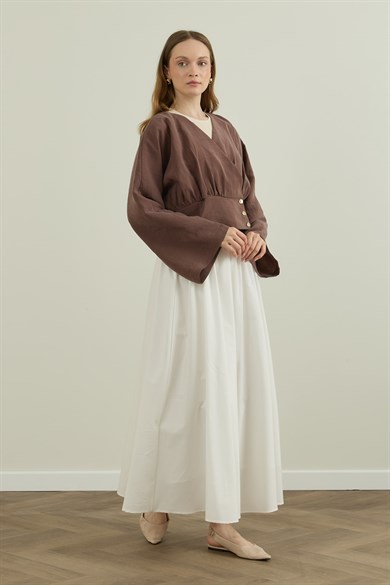 Düğme Detaylı Modal Kimono Bluz Kahverengi