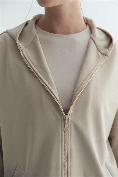Kapüşonlu Fermuarlı Sweatshirt Taş