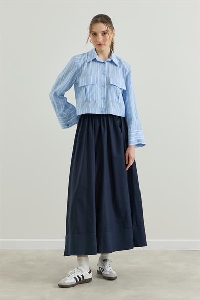 Cepli Çizgili Poplin Kısa Gömlek  Mavi 