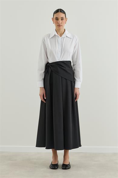 Seyyar Kumaş Kemerli Pileli Etek Siyah