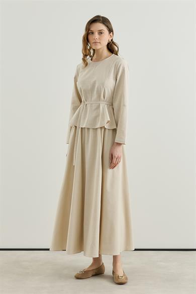 Bluzu Volanlı Etekli Keten Takım Bej 